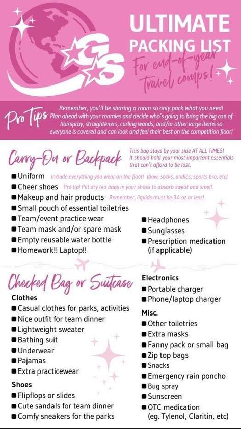 What To Put In Your Cheer Bag For Competition, Cheer Travel Kit, Cheer Packing List Competition, Summit Packing List Cheer, Cheer Competition Bag Checklist, Cheer Travel Checklist, Cheer Comp Checklist, Competition Cheer Bag Essentials, Cheer Competition Checklist