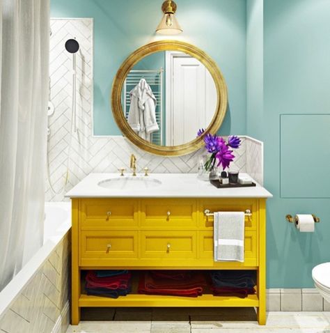 Yellow Bathroom Vanity Cabinet Colors, Yellow Bathroom Cabinets, Yellow Bathroom Vanity, Bright Colored Bathrooms, Bathroom Cottagecore, Residential Bathroom, Painted Vanity Bathroom, Blue Bathroom Vanity, Bathroom Mood Board