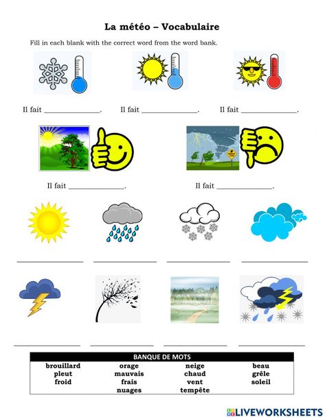 French Weather, Weather Vocabulary, Weather Words, French For Beginners, Vocabulary Practice, French School, Vocabulary Worksheets, French Lessons, French Quotes