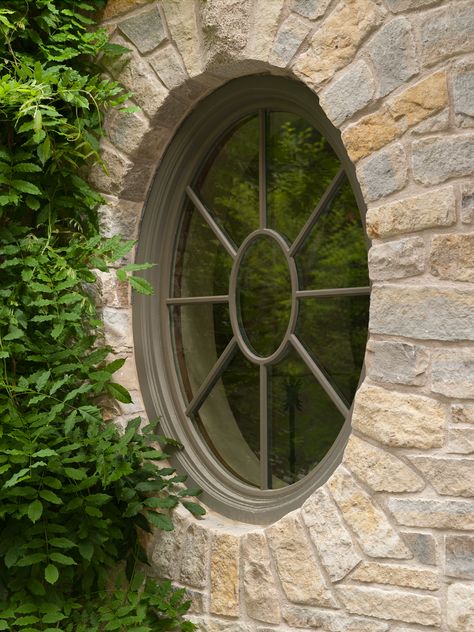 House With Circle Window, Circle Window Aesthetic, Dream Home Cottage, Cottage Mansion, Round Windows, French Country Exterior, Victorian Windows, Antique Cottage, Black Fixtures