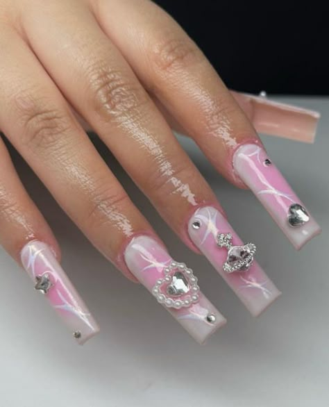 Pink Planet Charm Nails, Nail Inspo Planet Charm, Pink Planet Nails, Airbrush Nails With Gems, Nails With Vivienne Westwood Charms, Pink Aura Nails With Gems, Nails With Space Charms, Pink Vivienne Westwood Nails, Pink White Aura Nails