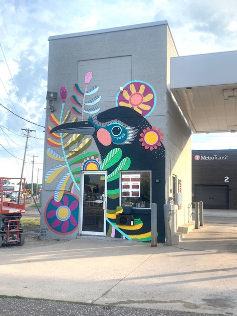 "Bird Friend" Mural by Jennifer Davis in St Paul, MN, USA Murals Street Art Creative, Tree Of Life Mural, Painting Wings, Mural Art Ideas, Shed Mural, Kids Art Room, May Sarton, Bird Mural, Garage Mural