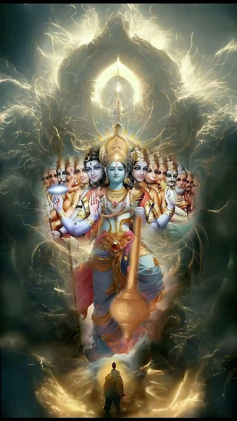 Behold the majestic Vishwaroop of Lord Krishna, the cosmic form that transcends time and space. As Arjuna witnesses the infinite manifestations of the Divine, the universe itself bows before the supreme power of the Almighty. ✨🙏 #Vishwaroop #BhagavadGita #DivineRevelation #CosmicEnergy God Artwork, Shree Krishna Wallpapers, Wallpaper Photo Gallery, Pictures Of Shiva, Vishnu Wallpapers, Krishna Hd, Shri Ram Photo, Lord Krishna Hd Wallpaper, Ram Photos