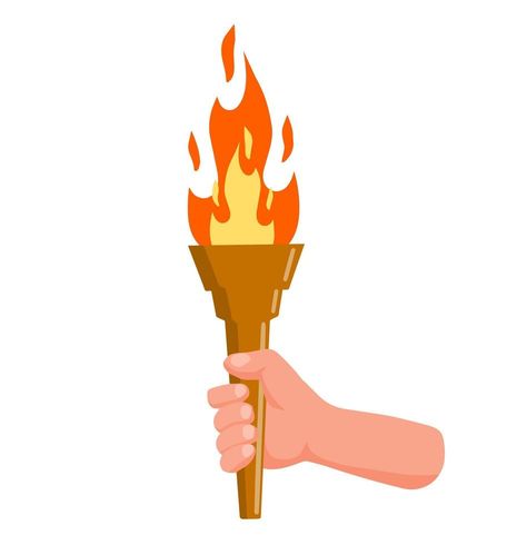 Torch with fire and flame. Greek Symbol of sports competitions. The concept of light and knowledge. Flat cartoon illustration Holding Torch, Greek Symbol, Illustration Cartoon, Hand Holding, Vector Clipart, Cartoon Illustration, Vector Free, Royalty Free, Clip Art