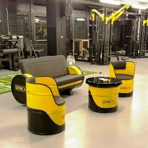 Gym Design Interior, Garage Design Interior, Used Oil, Barrel Projects, Garage Furniture, Kursi Bar, Oil Barrel, Car Part Furniture, Gym Interior