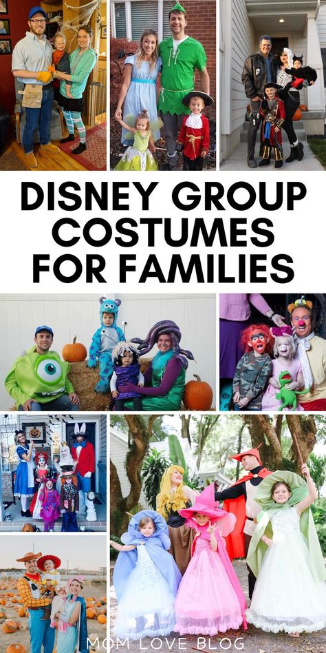 Collage of Disney family costumes for Halloween, including Peter Pan, Alice in Wonderland, Toy story, and more. Costumes For 6 People, Halloween Costumes For 6 People, Halloween Costumes For 6, Family Costumes For Halloween, Family Costumes For 4, Disney Characters Halloween Costumes, Disney Group Costumes, 4 People Halloween Costumes, Sibling Costumes