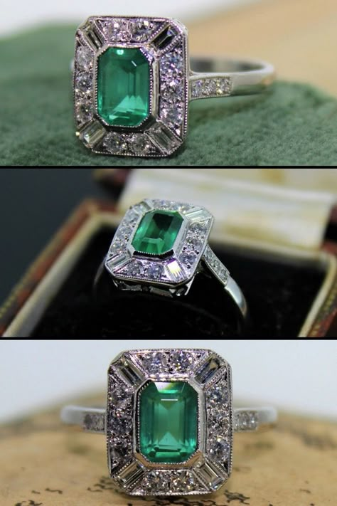 Emerald Diamond Ring Vintage, Emerald Rings Vintage, Vintage Emerald Engagement Ring Art Deco, Real Emerald Engagement Ring, Antique Emerald Ring Vintage, Art Deco Rings 1920s, Emerald Vintage Ring, Emerald Art Deco Ring, Vintage Emerald Rings