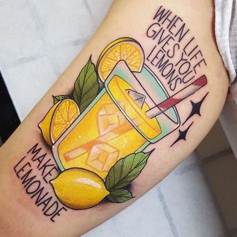 Glass Of Lemonade Tattoo, Lemonade Tattoo, Drink Tattoo, Cocktail Tattoo, Ice Tattoo, Orange Drink, Amsterdam Tattoo, Hyper Realistic Tattoo, Old Fashioned Drink