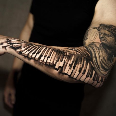 Apollo & Broken Piano Keys by Niki Norberg, a travelling artist, based in Göteborg, Sweden. Mandala Hip Tattoo, Piano Tattoo, Key Tattoo Designs, Music Tattoo Sleeves, Key Tattoo, Tattoo Forearm, O Tattoo, Music Tattoo Designs, Upper Arm Tattoos