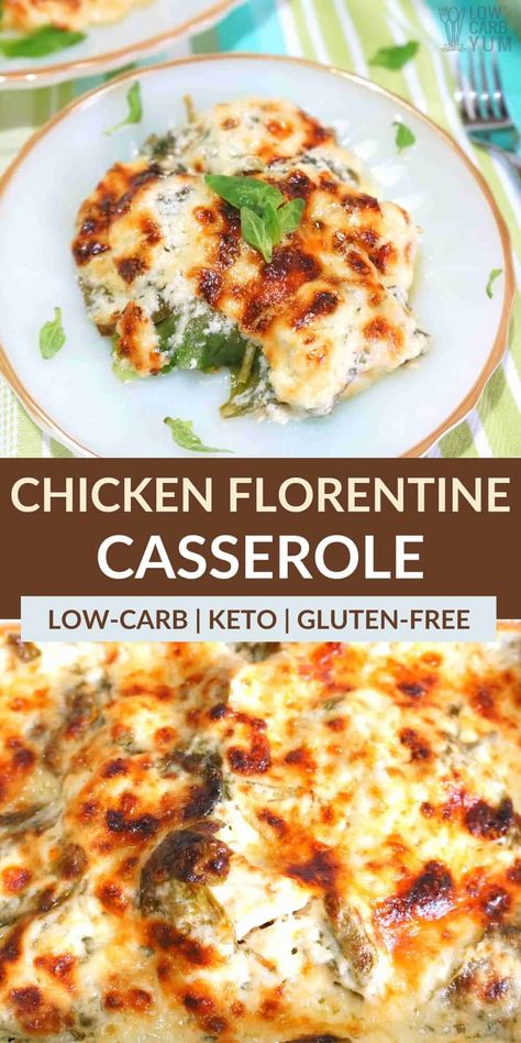 This easy chicken Florentine casserole bake is quick and simple to prepare. It's a creamy blend of cut chicken, spinach, and Parmesan cheese. Easy Chicken Florentine, Chicken And Spinach Casserole, Spinach Casserole Recipes, Chicken Florentine Recipe, Chicken Florentine Casserole, Casserole Bake, Florentines Recipe, Keto Chicken Casserole, Chicken Florentine