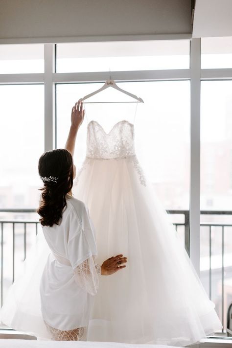 Wedding Dress Hanging Shots, Wedding Dress Photography Hanging, Dress Hanging Photography, Hotel Getting Ready Wedding, Wedding Dress Hanging Pictures, Wedding Dress Pictures Hanging, Before Wedding Pictures, Hanging Wedding Dress, Bride Morning