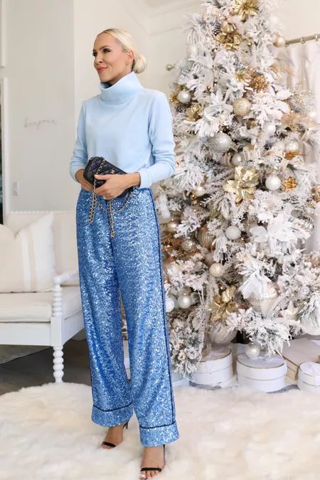 Sequined wide-leg pants curated on LTK Blue Sequin Pants, Scarf Ideas, Silver Pants, Big Closets, Sequin Pants, Side Stripe, Holiday Fashion, Ice Blue, Leg Pants