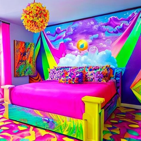 Lisa Frank Bedroom, Purple Furniture, Weird Furniture, Colorful Room Decor, Rainbow Images, Fantasy Furniture, Colorful Apartment, Retro Interior Design, Bright Decor