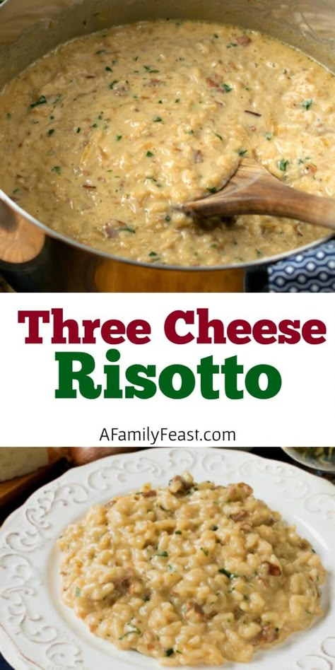 A blend of three cheeses plus prosciutto gives this simple creamy Three Cheese Risotto a punch of fantastic flavor. Three Cheese Risotto, Easy Risotto Recipes Simple, Risotto Recipes Cheese, Cheese Risotto, Risotto Recipes Easy, Risotto Dishes, Italian Rice, Rice Side Dishes, Diner Recept