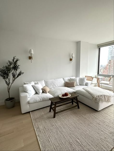 Cloud Sofa Apartment, White Cloud Couch Living Room Decor, Minimal Couches Living Room, Cloud Couch Small Living Room, Organic Modern Couch, Cloud Sectional Living Room, Neutral Minimal Living Room, Cloud Couch Living Room Decor, Cloud Sofa Living Rooms