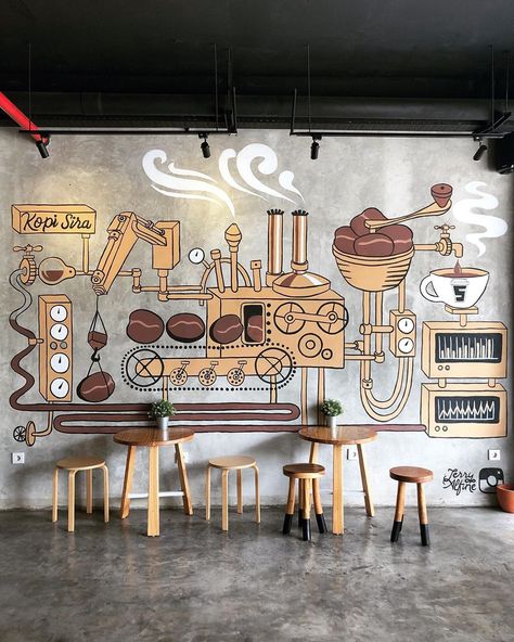 Coffee Mural, Cafe Painting, Mural Cafe, Coffee Shop Wall, Cafe Shop Design, Coffee Wall Art, Coffee Wall, Wall Drawing, Coffee Shop Design