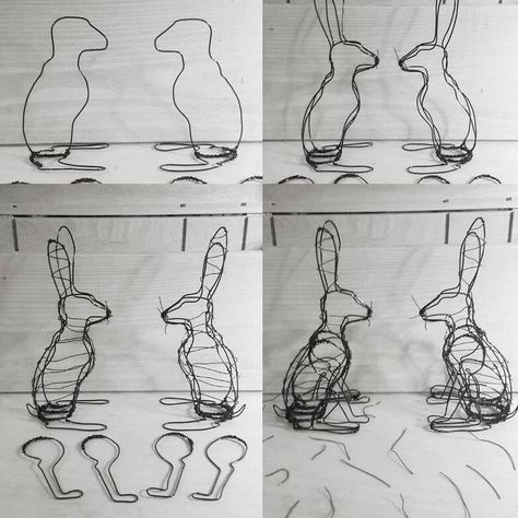 Four main stages of making the wire hares. . . . #wire #art #wiresculpture #sculpture #3d #hare #rabbit #animal #bunny #rabbitinthemoon… How To Wire Sculpture, Wire Animals Tutorials, Wire Sculpture Tutorial, 3d Wire Sculpture, Chicken Wire Sculpture Diy, Rabbit Wire, Wire Animals, Chicken Wire Sculpture, Chicken Wire Art