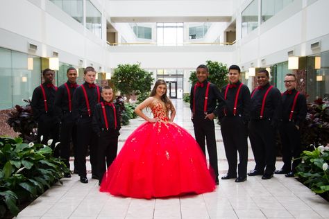 Quinceanera and her chambelanes....red, black, and gold Quinceanera Chambelanes Outfits Quinceanera Black, Quinceanera Black And Gold, Chambelanes Outfits Quinceanera Red, Quince Chambelanes Outfits, Quinceanera Chambelanes, Red Quinceanera Theme, Chambelanes Outfits Quinceanera, Chambelanes Outfits, Quinceanera Court