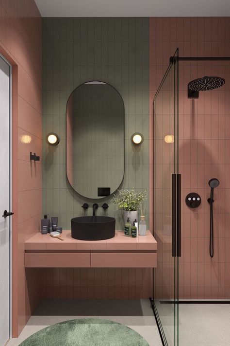 Bathroom in minimal style, application of green and pink tiles in combination with black graphic accent details. Oval mirror, nordic decoration. Bathroom With Oval Mirror, Green And Pink Bathroom, Minimal Bathroom Design, Small Bathroom Plans, Toilet Design Modern, Oval Mirror Bathroom, Green Tile Bathroom, Toilet Design, Nordic Decor