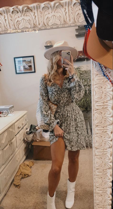 Women’s Cowboy Hat Outfits, Fancy Southern Outfit, Country Style Outfits Winter, Midwestern Outfits Women, Staff Night Out Outfit, Summer Outfits With White Boots, Women's Country Concert Outfit, South Western Outfits Women, Country Style Dresses With Boots