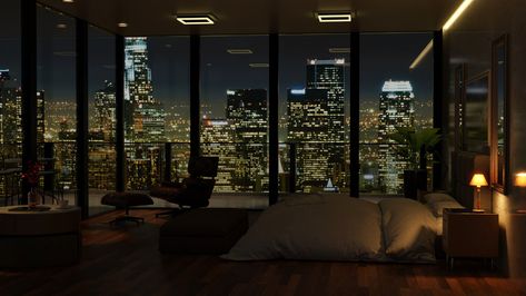 Bedroom With City View At Night, City View Bedroom Aesthetic, City View Apartment Bedroom, City Bedroom Aesthetic Night, Penthouse View Aesthetic, City Apartment Aesthetic Night, Nyc Penthouse Bedroom, New York Bedroom Aesthetic, Penthouse View Night