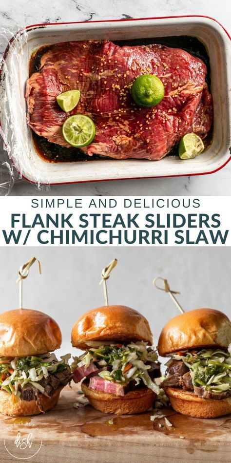 These Flank Steak Sliders with Chimichurri Slaw have tons of fresh herbed flavor and perfectly-cooked steak for a sandwich that will have everyone asking for seconds. Steak And Chimichurri Sliders, Flank Steak Sliders, Flank Steak Sandwich Recipes, Broil Flank Steak, Steak Sliders, Freezer Sandwiches, Chimichurri Steak, Steak Sandwich Recipes, Beef Sliders