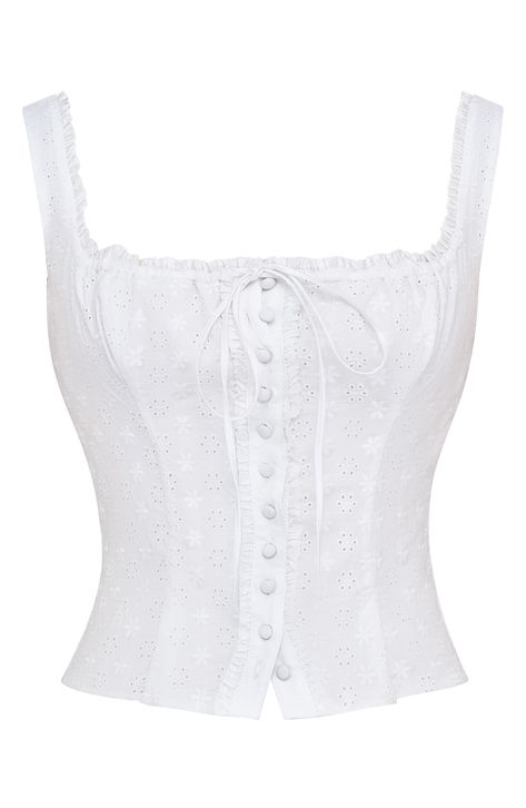 This sunny-day top is cut from delicate embroidered eyelet and finished with softly frilled edges and a dainty tie at the wide squared neckline. Exclusive retailer Square neck Sleeveless Lined 82% lyocell, 18% linen Dry clean Imported Anglaise Top, Style Chart, Lace Up Tank Top, Eyelet Embroidery, Corset Style Tops, White Corset, White Lace Top, House Of Cb, White Eyelet