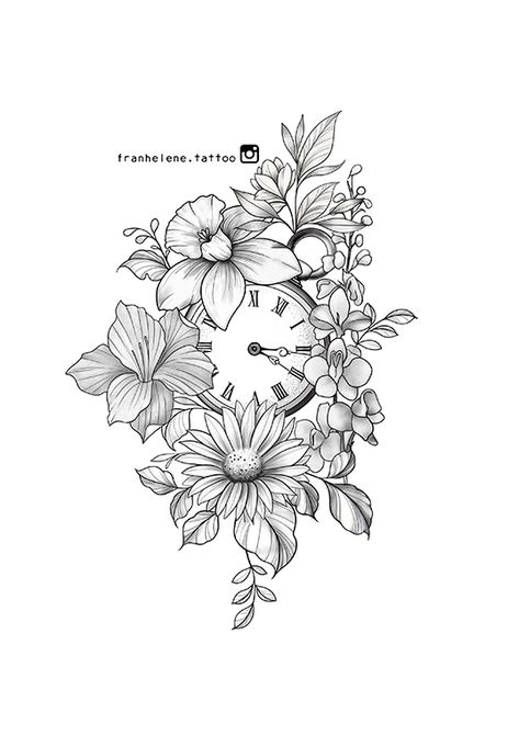 Flowers with clock tattoo design Custom tattoo design with your favorite flowers High resolution files and stencil available at - fran.helene@outlook.com Clock Tattoo With Flowers, Clock Flowers Tattoo, Birth Clock Tattoo Design Women, Angel With Flowers Tattoo, Tattoo Clocks Women, Tattoo Clock Design, Flower Sleeve Tattoo Stencil, Flower Clock Tattoo, Clock Flower Tattoo