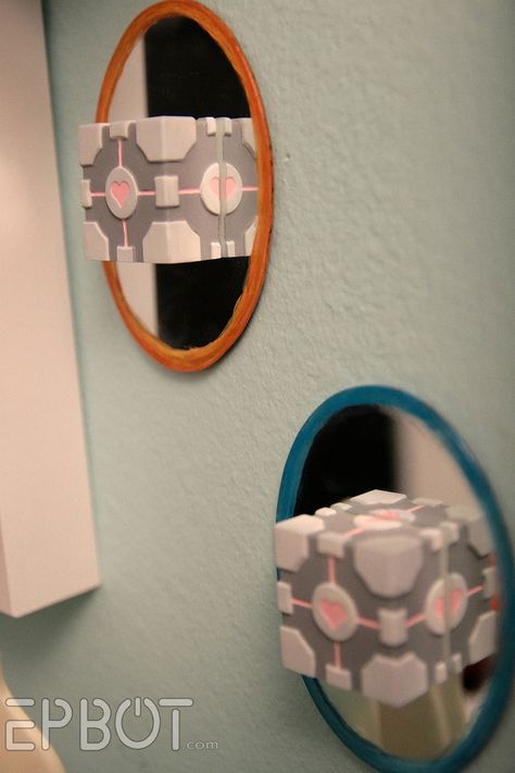 EPBOT: DIY Mini Wall Portals & Companion Cubes epbot.com Nerdy Living Room, Diy Geek, Geek Home Decor, Oval Mirrors, Nerd Decor, Companion Cube, Aperture Science, Geek Diy, Geeky Craft