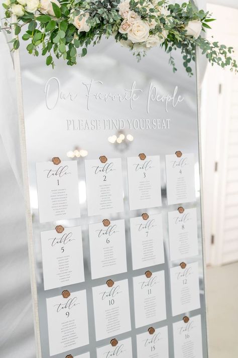 "Our Favorite People" wedding seating chart at The Villa at Ridder Country Club. Photography: Brit Perkins Photography Seating Chart Ideas, Mirror Seating Chart, Wedding Seating Cards, Rustic Wedding Seating, Wedding Table Seating, Wedding Mirror, Chart Ideas, Seating Plan Wedding, Future Wedding Plans