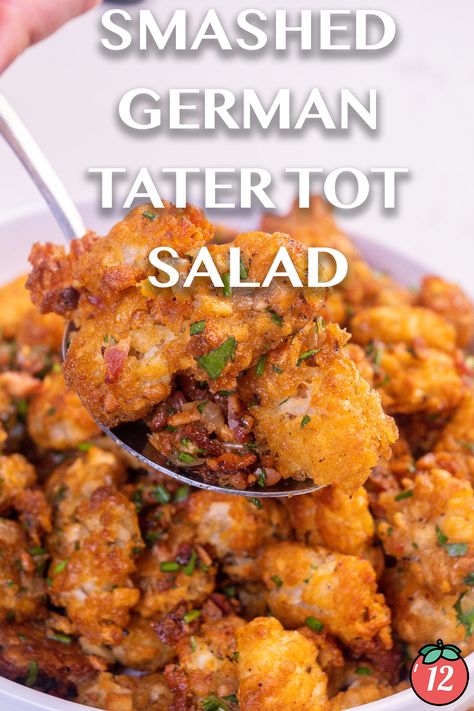 Warm Smashed Tater Tot Salad | 12 Tomatoes Tater Tot Salad, Tater Tot Potato Salad, Tater Tot Side Dish, Tator Tots Recipes Side Dishes, Smashed Tater Tots, Warm Side Dishes, Tater Tot Appetizers, German Dishes, 12 Tomatoes Recipes