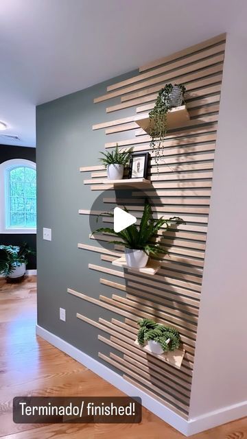 Cyndi N Sepúlveda on Instagram: "Another accent wall for the books/ Otra pared decorada y terminada! #accentwall #plants #evergreenfogsherwinwilliams #homedecor #succulents #paredes #plants #homeimprovement" Accent Wall With Plants, Wood Plant Wall, Staircase Accent Wall, Tree Design On Wall, Wood Plank Walls, Shiplap Accent Wall, Focal Wall, Plank Walls, Interior Wall Design