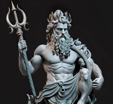 Greek God Poseidon Art 4k - Etsy Australia Poseidon Statue Tattoo, Posiden Art Greek Mythology, Poseidon Statue Sculpture, Posiden Statues, Greek God Poseidon Art, Poseidon Sculpture, Greek Mythology Poseidon, Greek Statue Art, Poseidon Art