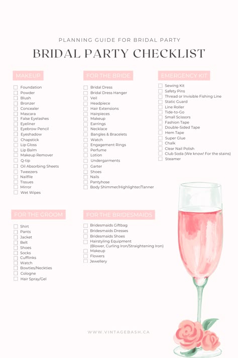 The Ultimate Bridal Party Checklist • VintageBash Bridal Party Packing List, Makeup Checklist For Bride, Bridal Party Titles, Bridal Party Must Haves, Bachelorette Party Checklist Planners, Bridal Party Duties, Bridal Suite Checklist, Bridal Party Checklist, Bridal Party List