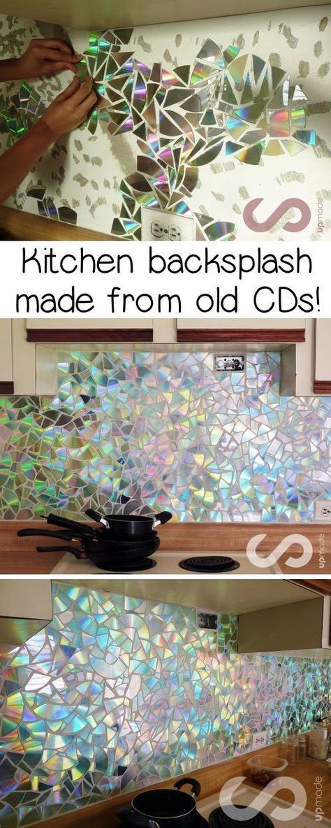 This backsplash idea was made from old CDs! What a great recycling project for the home! Upcycling at it's finest. A fun and gorgeous way to recycle old CDs. #recycling #upcycling #projects #homedecor #backsplash #cds #crafts #instrupix #kitchendecor Cute Diy Crafts, Recycled Cds, Recycled Decor, Cd Diy, Old Cds, Cd Crafts, Upcycle Decor, Upcycled Home Decor, Recycled Projects