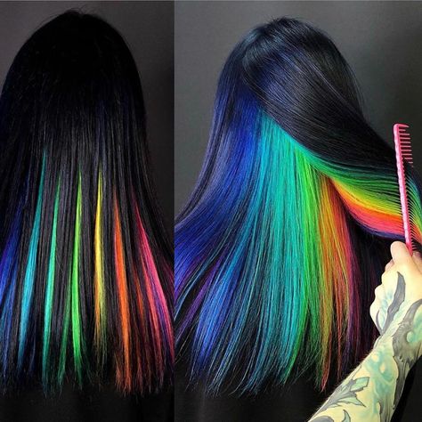 Hair Rainbow, Holographic Hair, Underlights Hair, Split Dyed Hair, Rainbow Hair Color, Chakra Affirmations, Split Hair, Hairdos For Short Hair, Colorful Hair