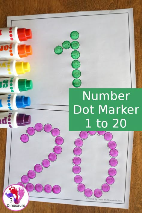 Free Number Dot Marker Printable: 1 to 20 - easy to use printable for kids that like to use dot markers or hands-on items - 3Dinosaurs.com #freeprintable #numbersforkids #dotmarker Dot Numbers Free Printables, Dot Marker Printables, 20 Number, 3 Dinosaurs, Fine Motor Activities For Kids, Toddler Education, Do A Dot, Number Activities, Numbers For Kids