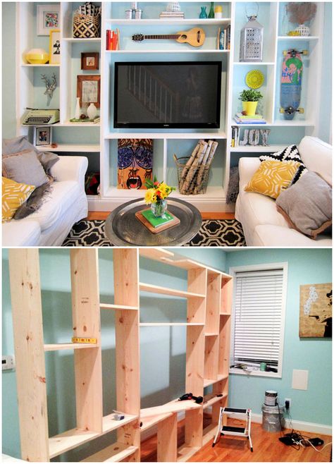 15 Easy DIY Built in Shelves (How to Build Yours) Living Room Shelves Diy, Diy Shelving Around Tv, Diy Shelves Around Tv, Building Built In Cabinets And Shelves, Adding Bookshelves Living Rooms, Built In Shelves With Doors, Diy Wall Shelving Unit, Diy Wall Display Shelves, Bookcase Wall Ideas