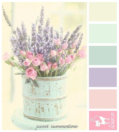 Sweet Summertime - Lavender, rose, lilac, pink, blush, pastel, green, sage, cream Designcat Colour Inspiration Board Shabby Chic Color Palette, Shabby Chic Colors, Decoration Shabby, Deco Nature, Design Seeds, Trendy Flowers, Pastel Purple, Room Paint, New Wall