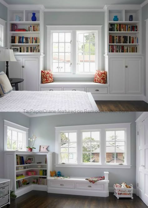 Beautiful craftsman style built-in window seat ideas with shelving around the window, by TarPaperCrane Built In Window Seat, Window Seat Ideas, Window Seat Design, Built In Shelves Living Room, Shelves Living Room, Window Seats, Living Room On A Budget, Living Room Remodel, Seat Design