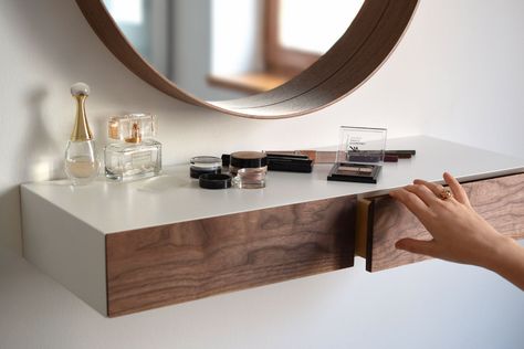 Minimalist white floating dressing table / vanity shelf with | Etsy Floating Makeup Shelves, Floating Dressing Table, Floating Makeup Vanity, Makeup Vanity Ideas, Makeup Shelves, Float Dress, Vanity Shelves, Vanity Tables, Table Vanity