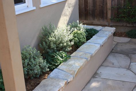 Stucco seating wall with South Bay Quartzite cap Stucco Retaining Wall With Stone Cap, White Stucco Retaining Wall, Retaining Wall Cap Ideas, Stucco Bench, Garage Landscaping, Raised Flowerbed, Block Wall Ideas, 1940s Interior, Stucco Wall