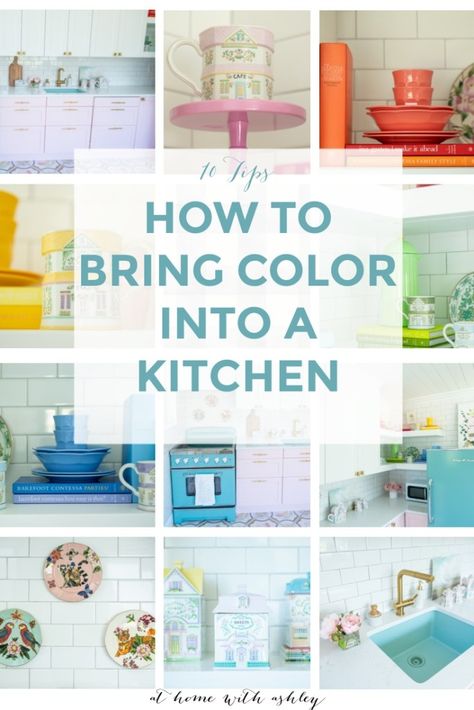 10 tips for bringing color to your kitchen. How to decorate with colorful art, flooring, cabinets, and accessories to cheer up your home Pop Of Color Kitchen Decor, Colorful Kitchen Accents, Kitchen Color Decor Ideas, Adding Color To Kitchen, Colorful Kitchen White Cabinets, Color Pop Kitchen, Add Color To Kitchen, Adding Color To A White Kitchen, Colorful Kitchen Decor Ideas