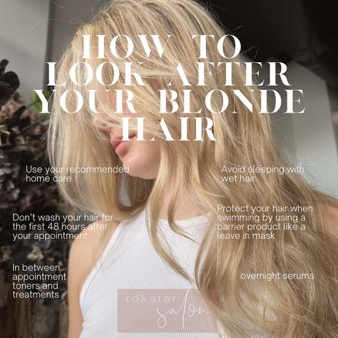 At Rokstar we love our blondies and we want you to love your blonde too! 😍👱🏻‍♀️ Here are some tips from our expert colourists on how you can take care of how to take care of your blonde hair 👉🏼 Avoid washing your hair for the first 48 hours after your colour 👉🏼 Use your recommended home care 👉🏼 Use heat protection while heat styling. Excessive heat will remove your toner faster leading to “brassy or warmer. 👉🏼 When swimming use UV PROTECTORS (we recommend soleil from Kerestase. 👉🏼 D... Blonde Hair Refresh, How To Style Blonde Hair, Blonde Hair Care Tips, Keeping Blonde Hair Healthy, How To Protect Your Hair From Chlorine, How To Keep Bleached Hair Healthy, Best Hairdresser, Banana Clip, Hair Dresser