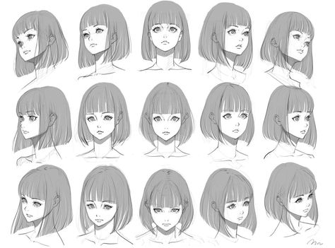 Anime Hair 3/4 View, Short Bob Drawing, Bob Drawing Hair, Short Hairstyle Women Drawing Reference, Bob Hairstyle Drawing, Female Short Hair Drawing, Bob Hair Anime, Short Hair Styles Drawing, Bob Hairstyles Drawing