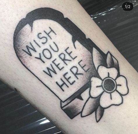 Wish You Were Here Tattoo Traditional, Grave Tattoo Design, Old School Tombstone Tattoo, Black And Grey American Traditional Sleeve, Tomb Stone Tattoo, Tiny Tombstone Tattoo, Traditional Grave Tattoo, American Traditional Gravestone Tattoo, Traditional Grave Stone Tattoo