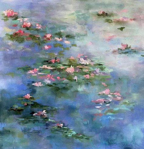 Pretty Oil Paintings, Impressionism Art Easy, Waterlily Watercolor, Calm Paintings, Static Nature, Blue Paintings, Soft Pastel Art, Lily Painting, Canvas Art Projects