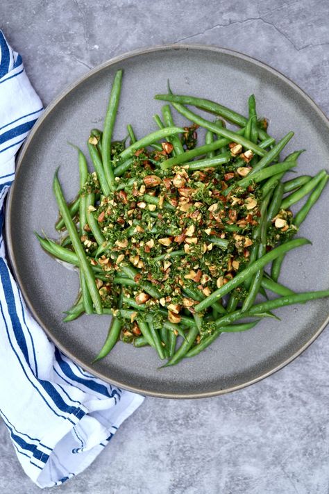 Green Beans With Almond Gremolata | Simmer + Sauce Steak Green Beans Potatoes, Paleo Veggies, Love Snap, Green Beans With Almonds, Baked Green Beans, Blanching Green Beans, French Green Beans, Recipes Salads, Lemon Green Beans