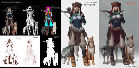 This huntress concept was made in zbrush and overpainted in photoshop. Check out the guide below. Maria Panfilova, 3d Tutorial, Dog Bows, Quick Guide, 3d Characters, Character Creation, Drawing Tips, Zbrush, 3d Animation