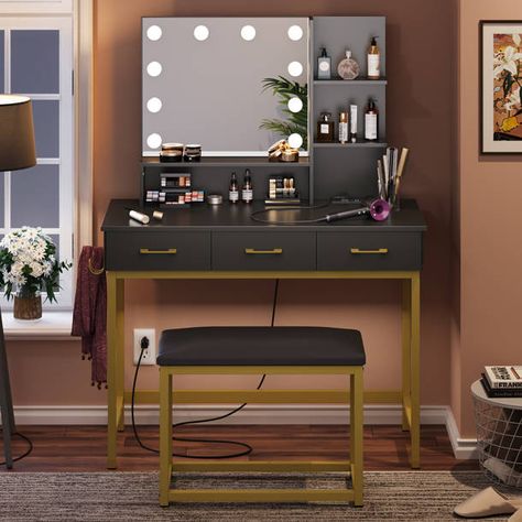 Willa Arlo Interiors Rowan Vanity & Reviews | Wayfair Wood Makeup Vanity, Metal Minimalist, Makeup Vanity Desk, Desk Stool, Makeup Vanity Set, Bedroom Makeup Vanity, Mirror Stool, Mirrored Vanity Desk, Make Up Desk Vanity